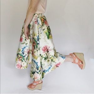 Satiny Spring Floral Pleated A-Line Midi Skirt